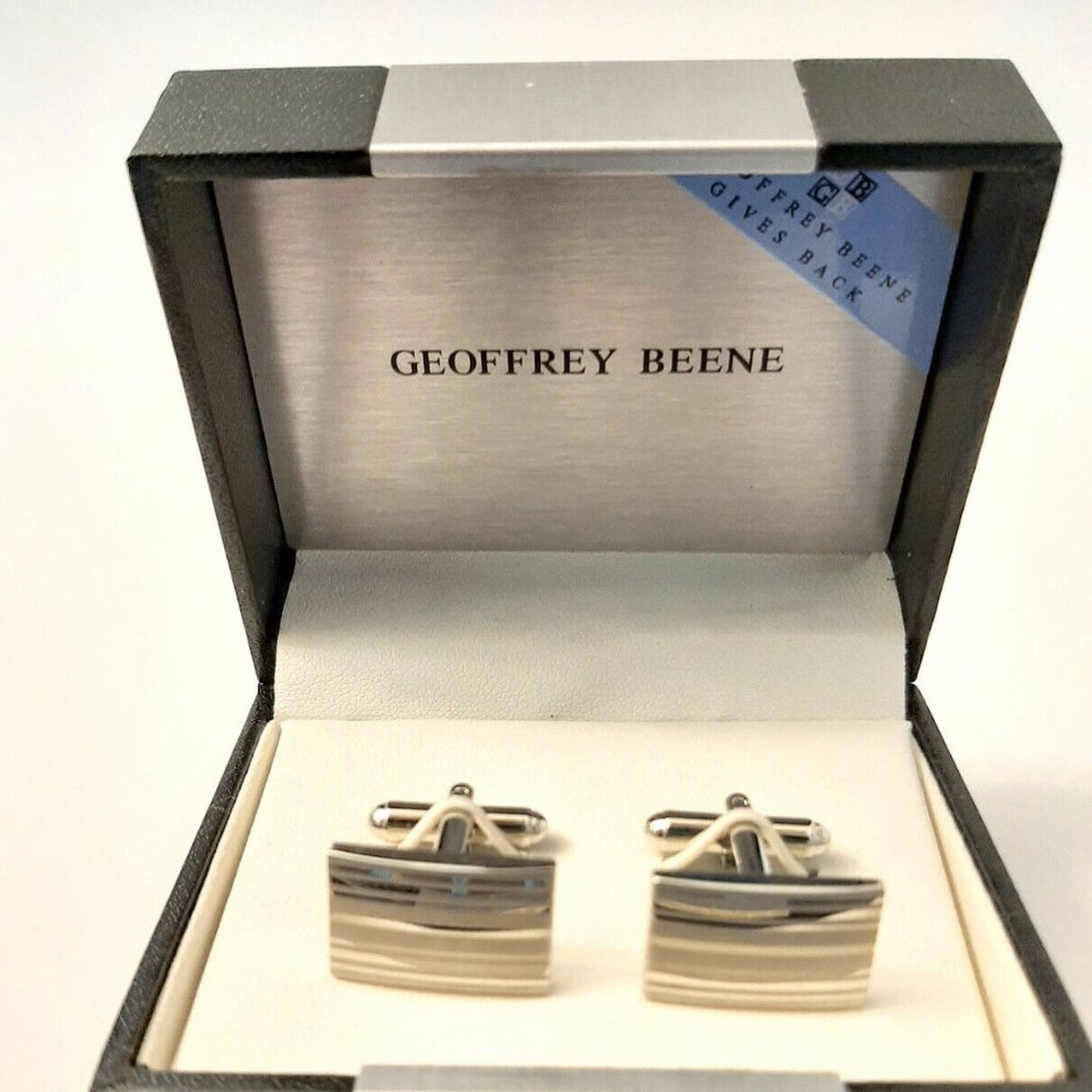 New Geoffrey Beene Cuff Links Silver 2 Tone Striations Rectangular 1.75 In Long